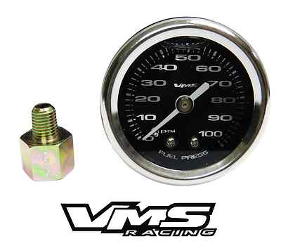 #ad VMS MUSTANG 1 1 2 100PSI BLACK FUEL PRESSURE GAUGE LIQUID FILLED 1 16 NPT TO 1 8 $42.95