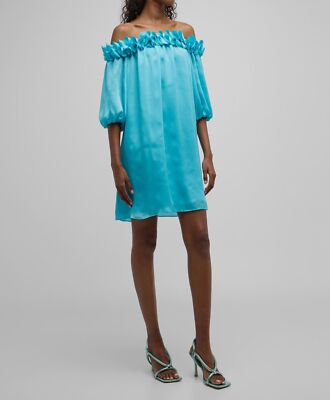$328 Trina Turk Women's Blue Gateway Ruffle Off Shoulder Shift Dress Size S