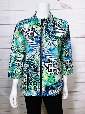 Chico's Womens Jacket Size 2 Multicolor Full Zip Pockets 3/4 Sleeve