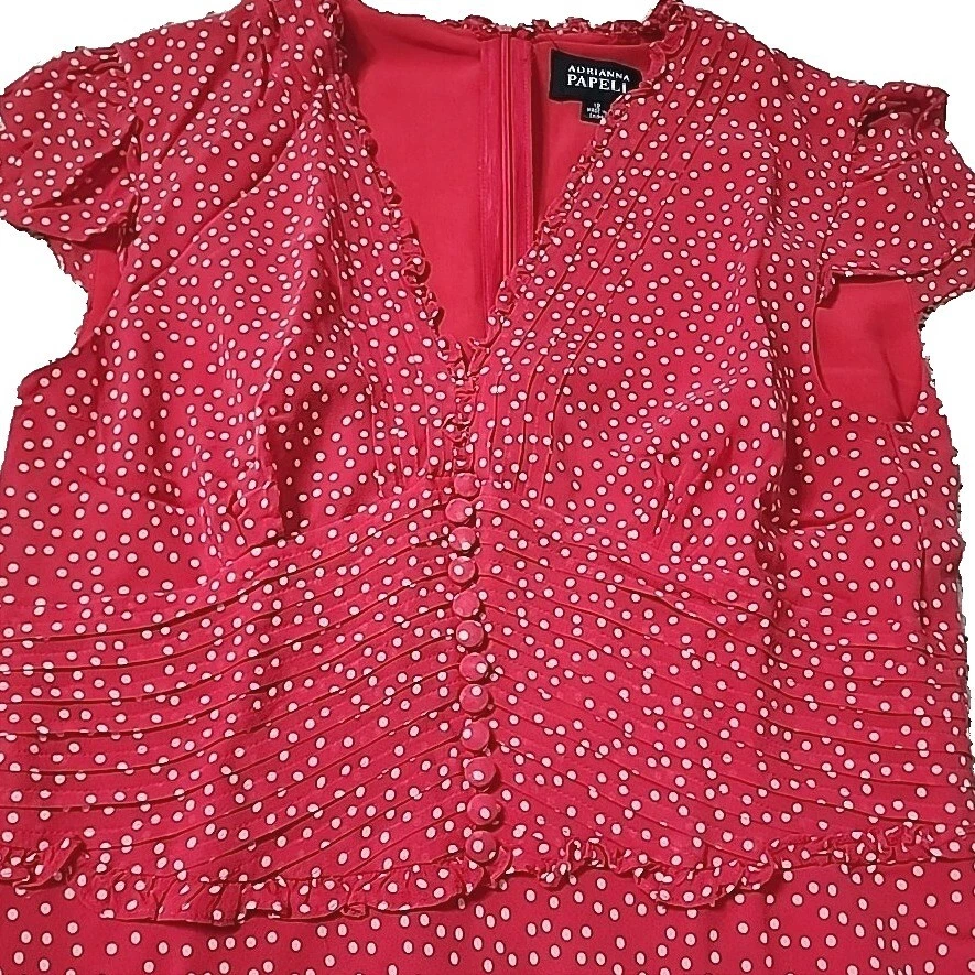 Шелковое платье Adrianna Papell 12 красно-белое в горошек с развевающимся рукавом покрой с широкой юбкой vneck - Изображение 2 из 4