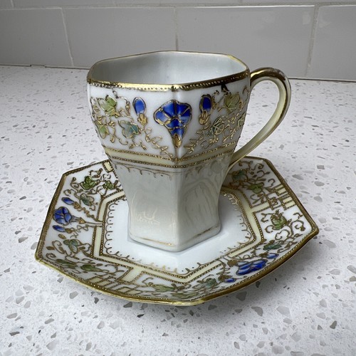 Antique IE &C CO Moriage Teacup & Saucer Gold Leaves Blue Flowers Hand Painted - Foto 11 di 12