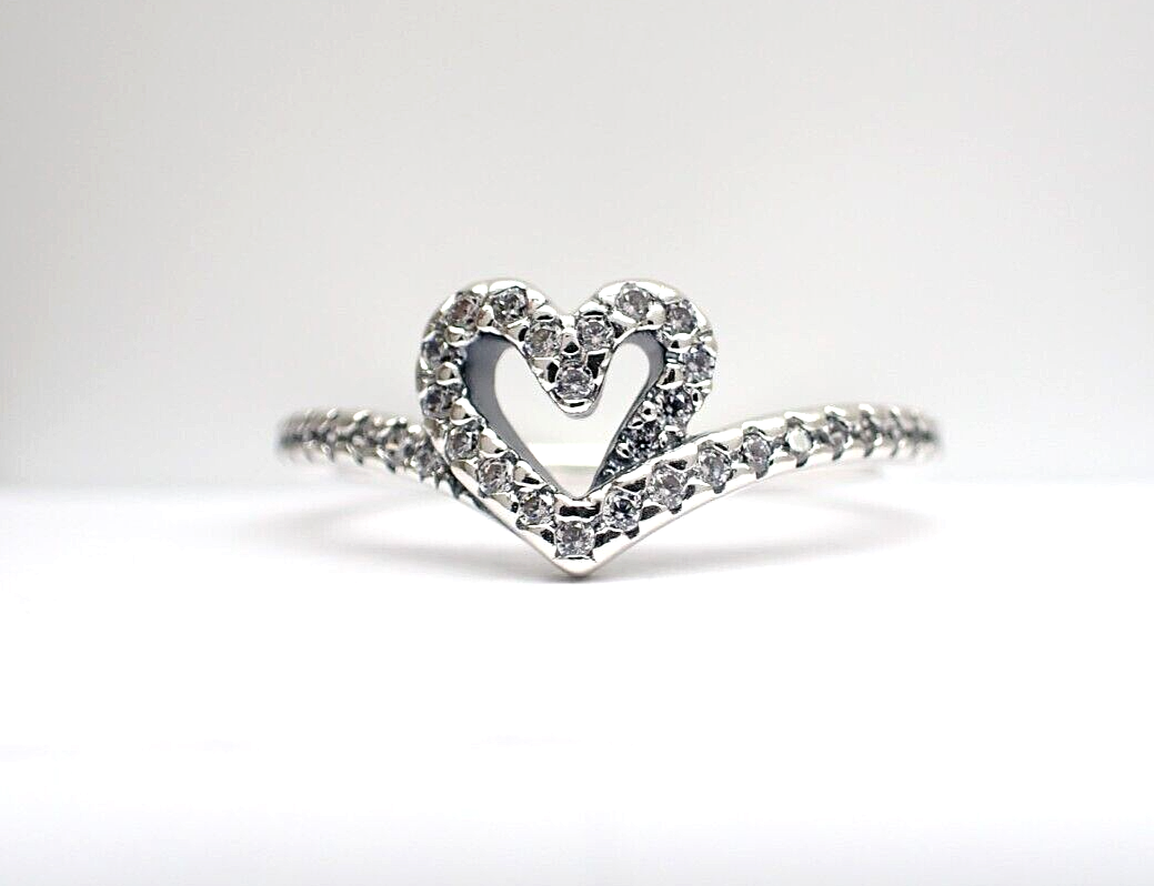 Authentic Pandora #199302C01-58 Sparkling Wishbone Heart Ring Size