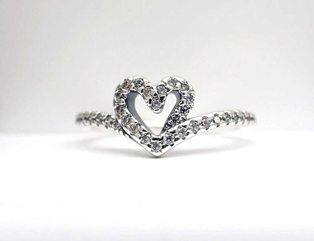 Authentic Pandora 199302C01 50 Sparkling Wishbone Heart Ring Size 5