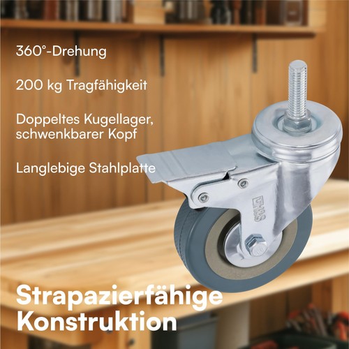 Schwerlastrollen 75 mm - Rollen für Möbel - 4er Set Gummi Lenkrollen mit Bremse - Photo 2/7