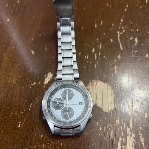 Vintage 1998 SEIKO Chronograph 7T32-7C60 White Panda Quartz Men's Watch Untested