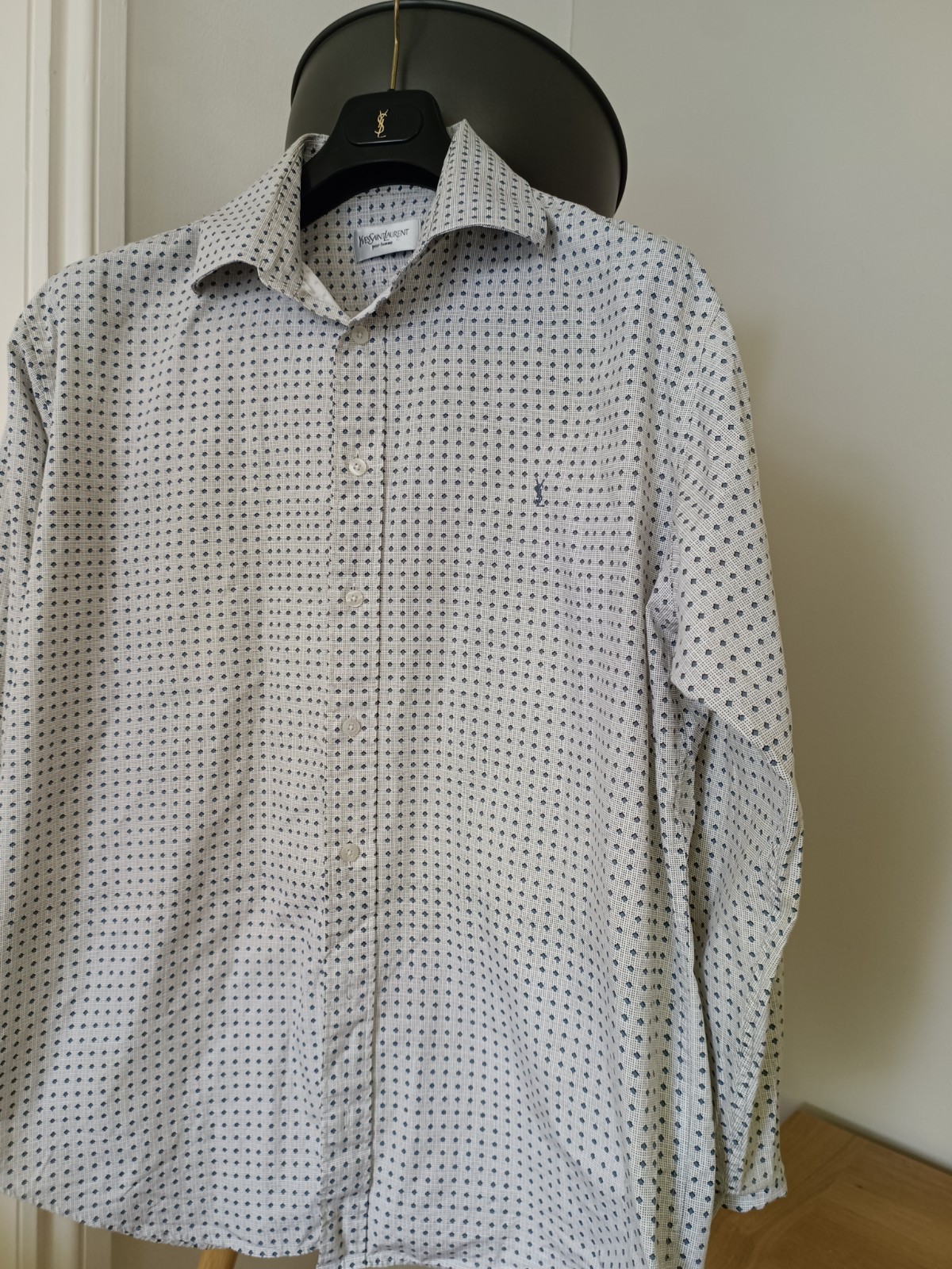 Y2K Camicia Vintage Yves Saint Laurent YSL Grande Stampa Blu Manica Lunga Cotone