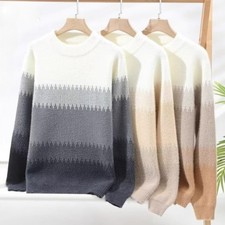 Men's Round Neck Sweater Faux Fur Knitted Pullover Warm Jumper Winter Striped
