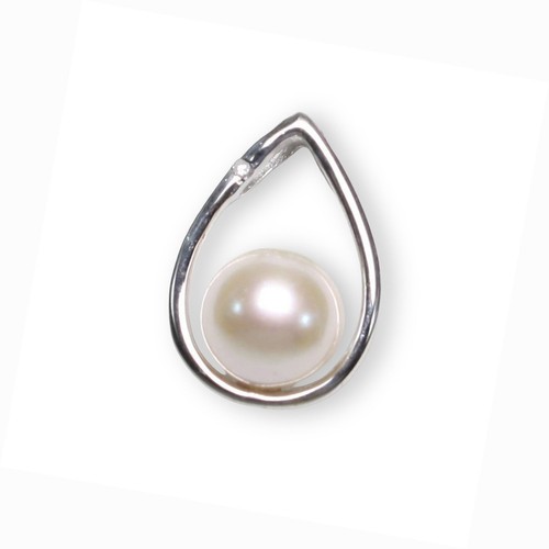 White Pearl Raindrop Pendant with Diamond – 14k White Gold - Picture 7 of 11