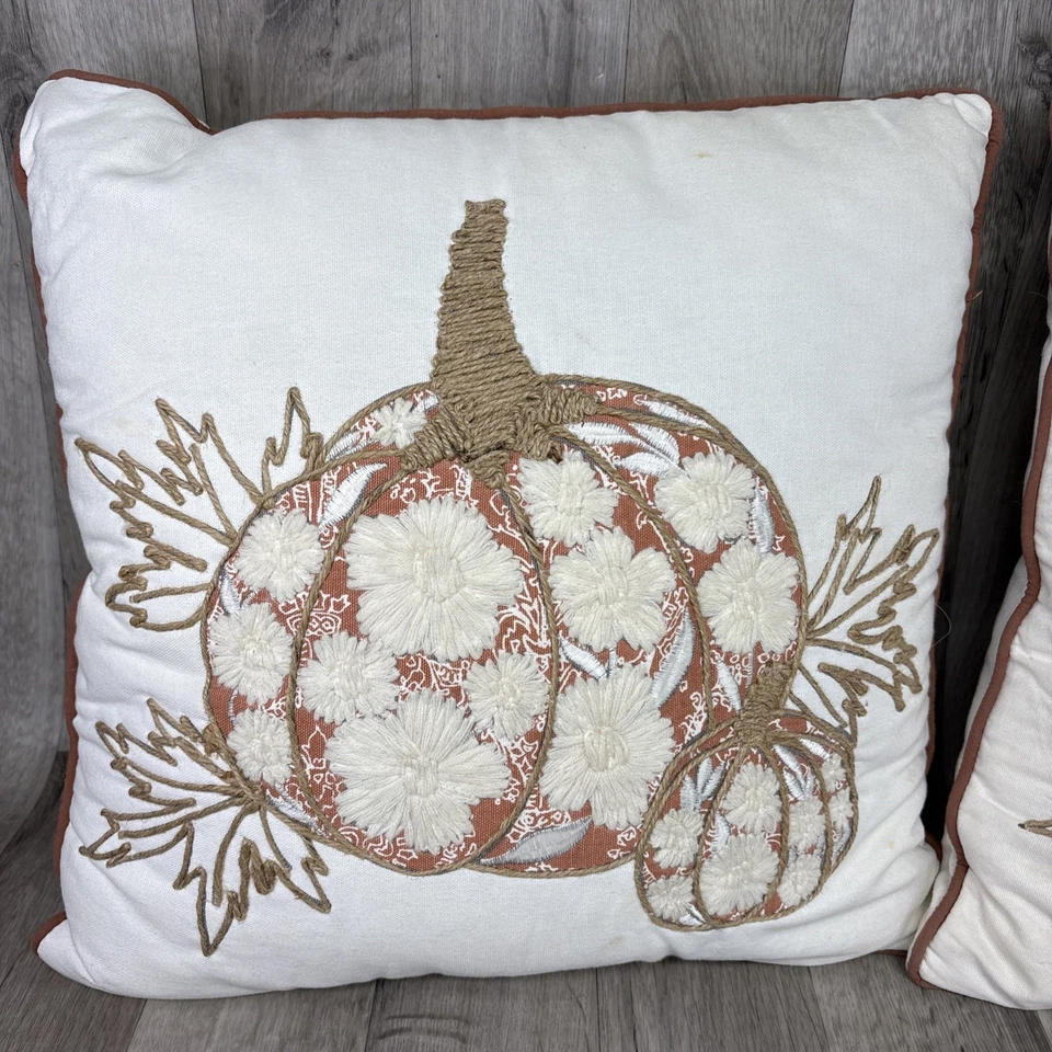 Fall Autumn Pumpkin Pillow Twine Burlap Embroidered Set of 2 - 17" x 17" - Image 2 of 4