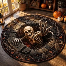Halloween Round Quilted Rug, 3D Skeleton Illusion Rug, Spooky Graveyard Area Rug