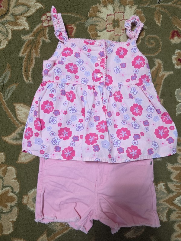 Girls Sz 5-6 Flowered Tank Top With Pink Denim Shorts