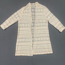 Womens Ivory Lace Longline Open Front Cardigan Boho Geometric Crochet Duster