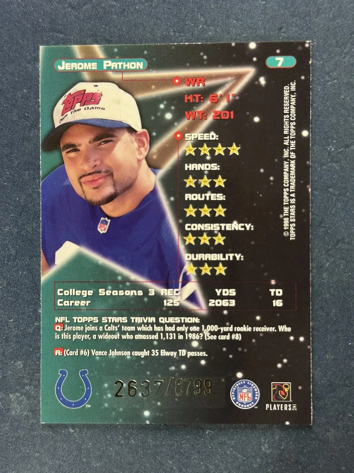 1998 Topps Stars Red #7 Jerome Pathon Indianapolis Colts /8799 - Image 2 of 2