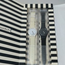 Untested Swatch Watch Set 2 Quartz White Black Unisex Pair Stripe Box