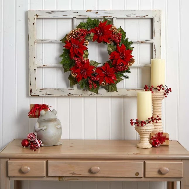 Brand New Nearly Natural 24" Poinsettia Berry & Golden Pinecone Christmas Wreath - Image 3 of 4