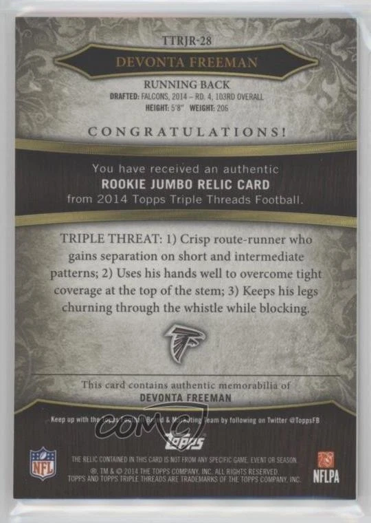 2014 Topps Triple Threads Rookie Jumbo Relic Emerald /50 Devonta Freeman RC - Image 2 of 2