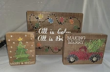 3 Primitives by Kathy Christmas Nail String Wall Art Tree Lights Truck on Wood *