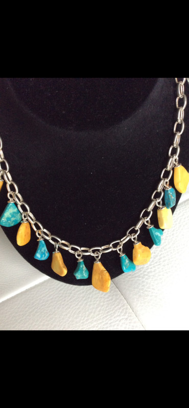 vintage*TURQUOISE & AMBER NECKLACE*SS Chain*18"