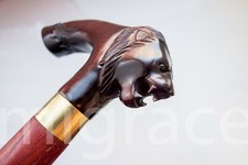 GŁOWA LWA Laska trzcinowa Drewno Rzeźba Unikalna sztuka ludowa Brązowa Drewno Ręcznie robione