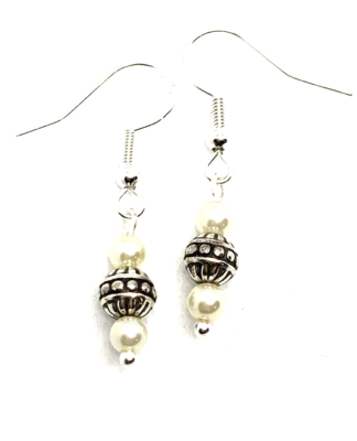 Brighton Silver Scrollwork Ivory Pearl Beaded Earrings – Signed, French Wire Closure – Pre-Owned