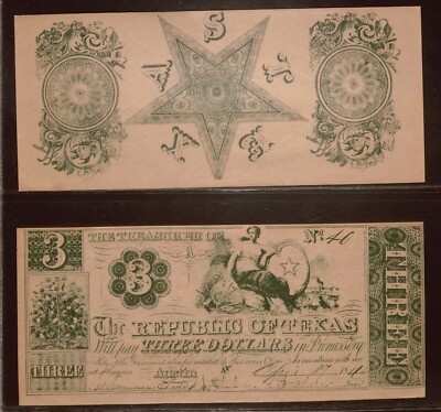 Republic of Texas $3 Three Dollar Bill Paper Money (1960's REPRODUCTIONS)