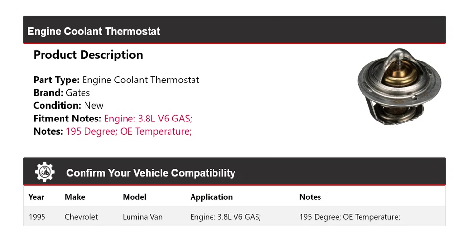 For 1995 Chevrolet Lumina Van 3.8L V6 GAS Engine Coolant Thermostat Gates - Image 2 of 4