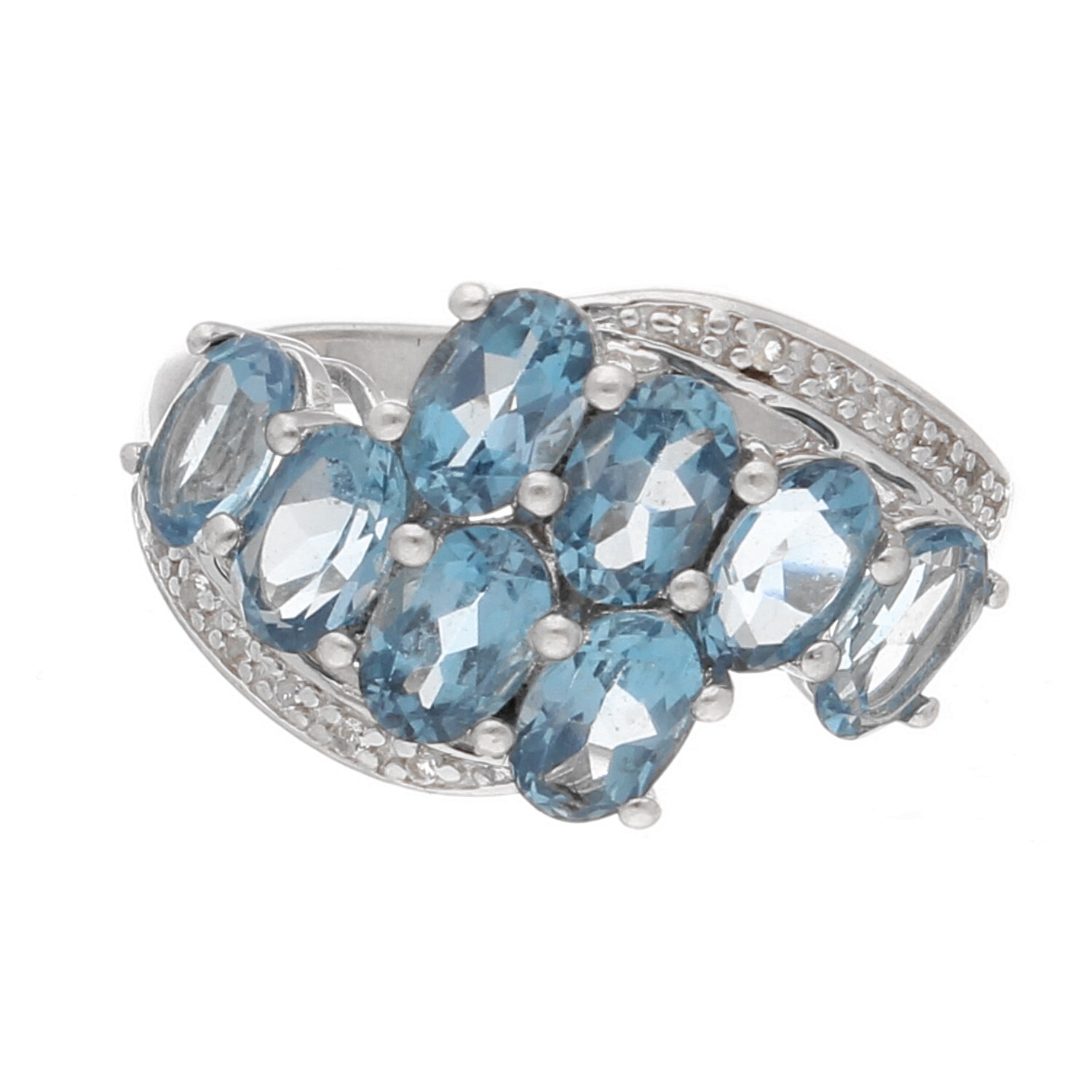 Sterling Silver Blue Topaz & Diamond Cluster Ring (Size R) 13mm Widest