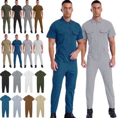 US Mens Short-Sleeve Work Overalls Front Zipper Jumpsuit Rompers Coveralls