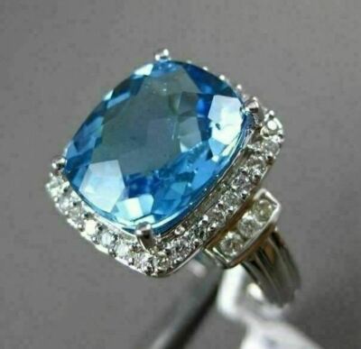 14k White Gold Plated Silver 3Ct Radiant Cut Simulated Blue Topaz Women's Ring