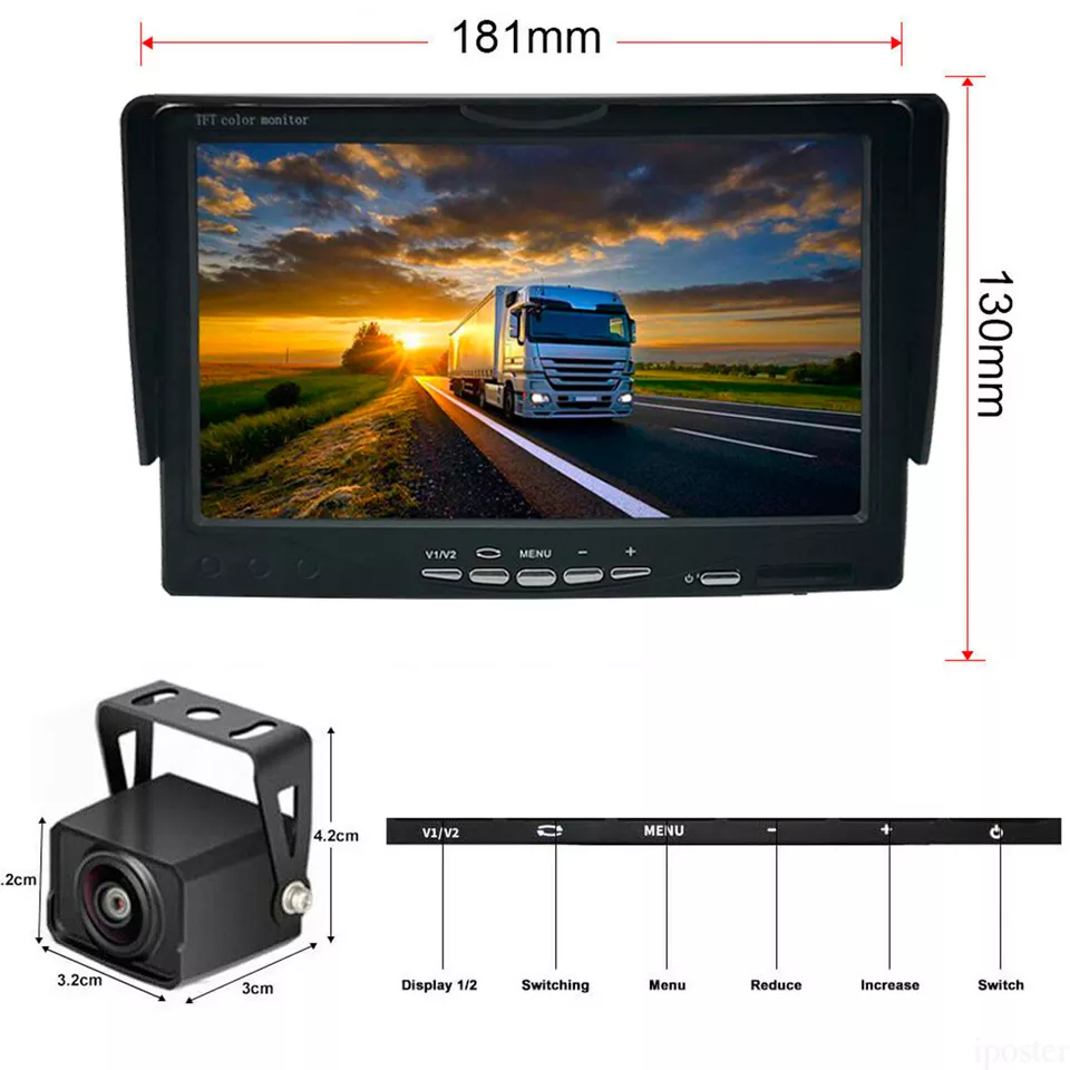 7" Split 2 Screen DVR Monitor 1080P 2x 4PIN Rear View Backup Camera 12-24v Truck - Image 4 of 4