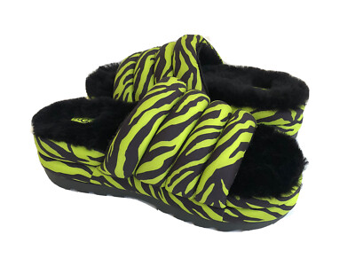 UGG MAXI SLIDE TIGER PRINT KEY LIME SLIP ON PUFF SANDALS US