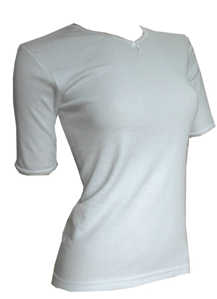 Damen Thermo Unterhemd halbarm mit Spitze - Kuschelig warm - Baumwolle - Bild 1 von 2