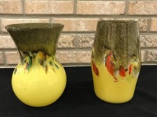 SET OF 2 VINTAGE Strathearn ART GLASS VASES YELLOW MULTI COLOR c.1960’s