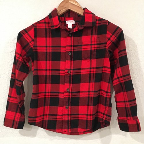 Cat & Jack Boys Sz S 6/7 Shirt Red Buffalo Plaid Flannel Button Up 100% Cotton