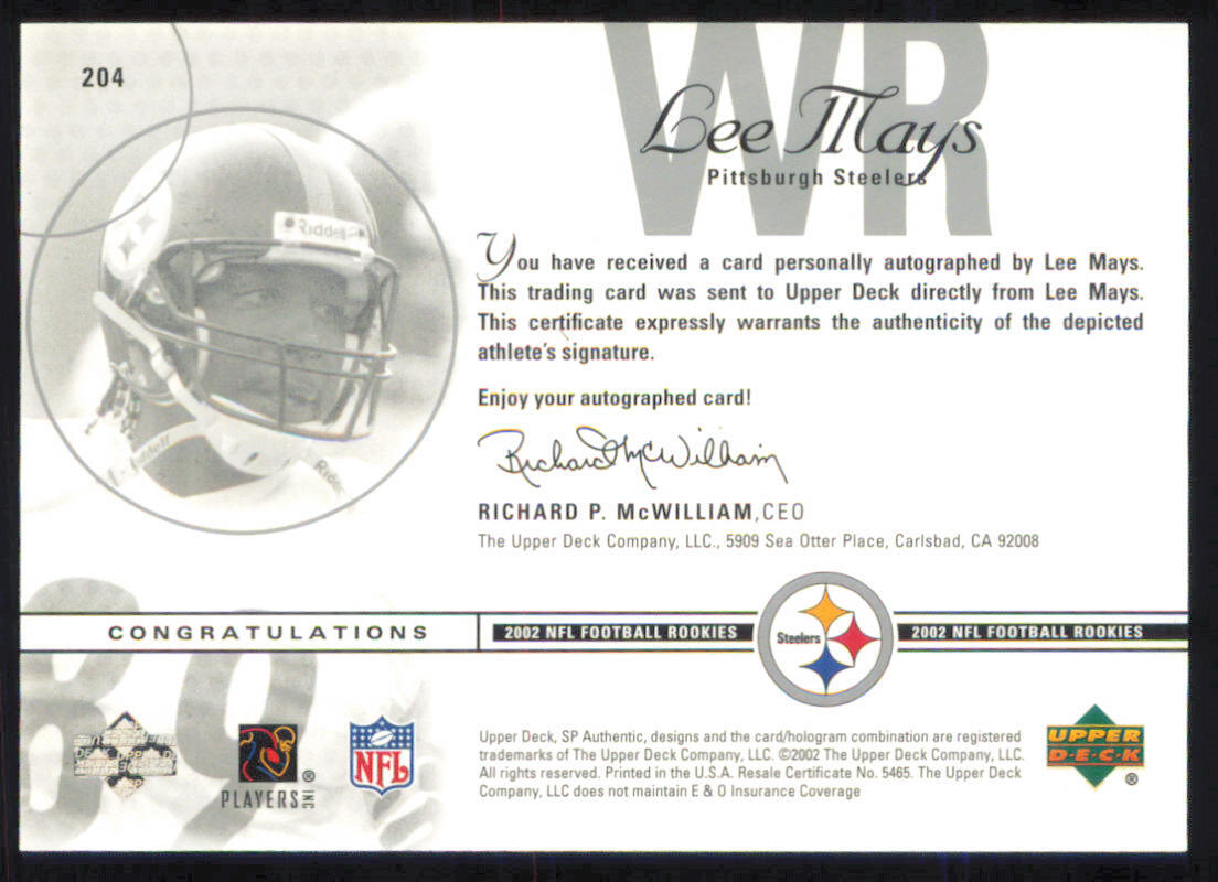 Lee Mays 2002 SP Authentic #204 SN,RC,AU Pittsburgh Steelers | eBay