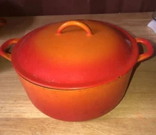 vintage 10" Descoware Belgium Orange Enameled Cast Iron Pot W/ Lid Interior wear