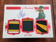 A.J. Puk 2021 Panini Flawless MLB Baseball Ruby Triple Patch Auto Card - #16/20