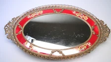 Ornate Vintage Gilt Filigree Lg Tray Vanity Mirror w Fancy Red Applique Insert