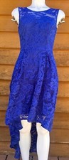 Round Neck Sleeveless Blue Lace Dress With High-Low Hemline & Stretch Fabric Siz