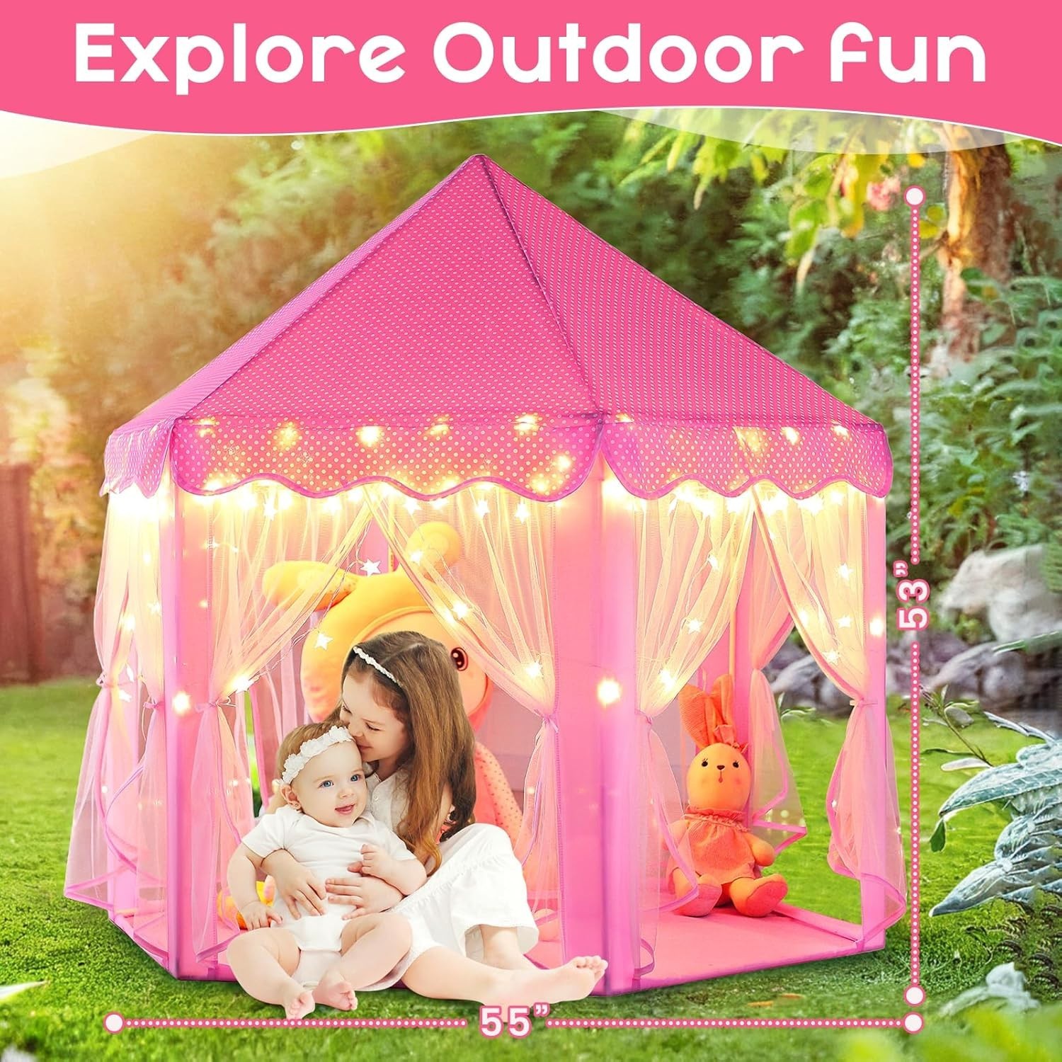 Princess Castle Play Tent for Kids with Star Lights - 55'' x 53'' Indoor/Outdoor