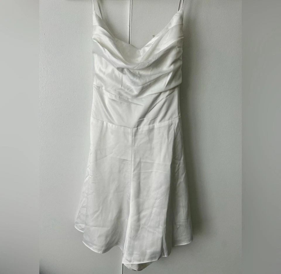 Lulus Chasing My Heart Ivory SatinCowl Neck Romper - Image 3 of 4