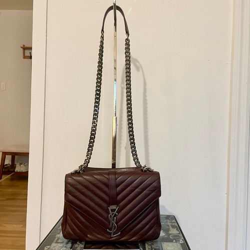 Saint Laurent YSL Medium College Shoulder Bag Chevron Quilted Burgundy Leather