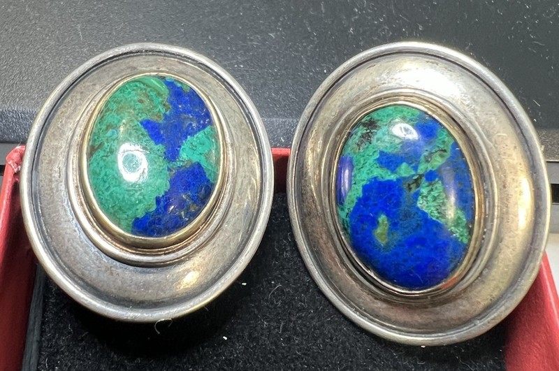 RARE Retired James Avery Earrings 925 Sterling Silver 18k Oval Azurite Malachite