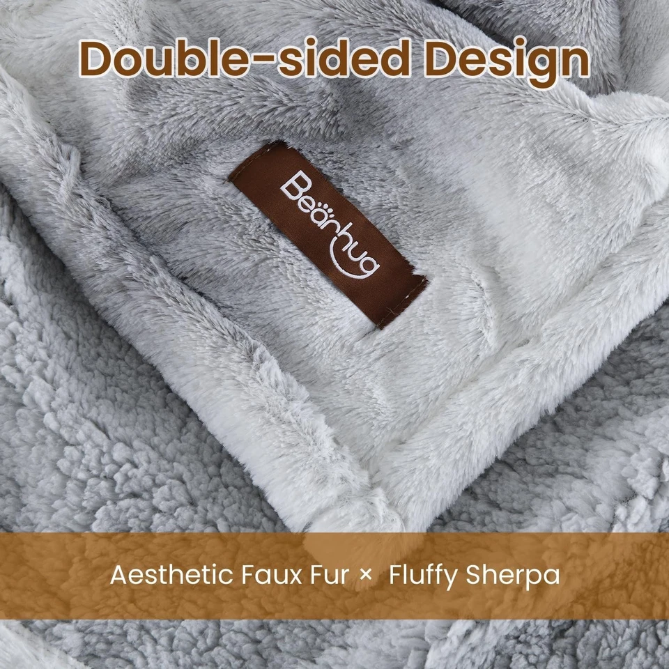 Silver Gradient Stripe Heated Blanket King Size - Dual-Sided Faux Fur & Sherpa - Image 4 of 4
