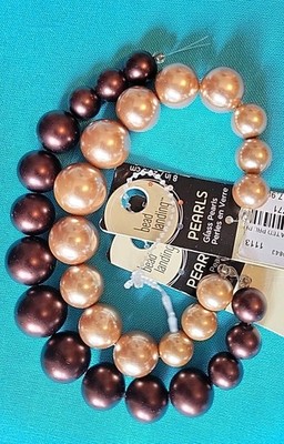 BEAD LANDING Glass Pearl Strands Champagne & Mahogany Graduated Beads~Lot Of 2 