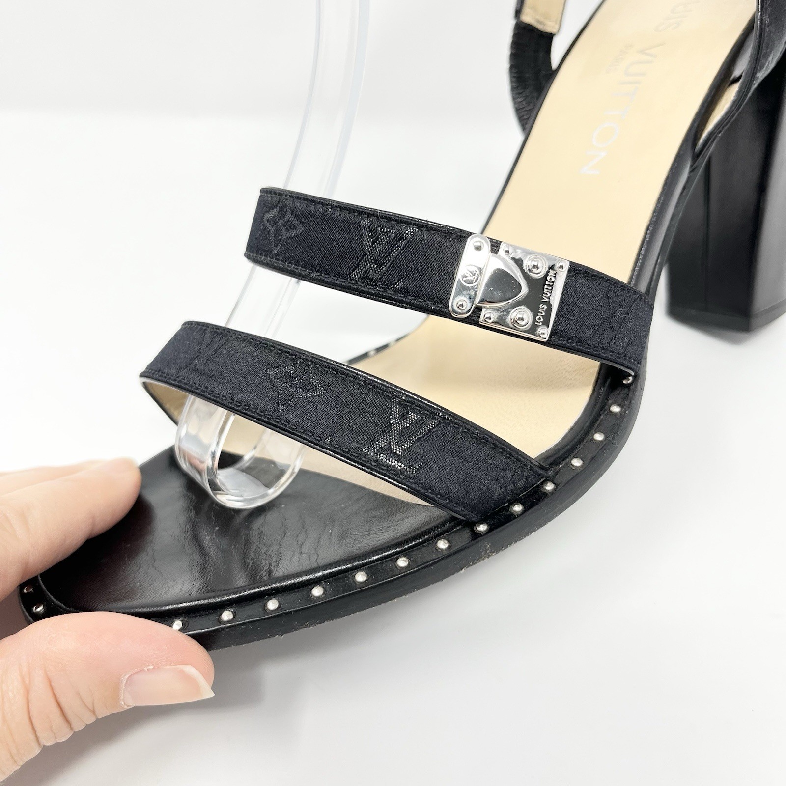 Louis Vuitton Mini Lin Logo Monogram Black Sandals High Heels Shoes Womens 40 10 thumbnail 2