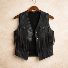 Men s Black Leather Fringe Vest Western Cowboy Biker Motorcycle Waistcoat Tassel