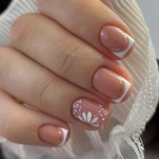 3D French Press on Nails Short Square with Flower Design, Nude Nail + White T...