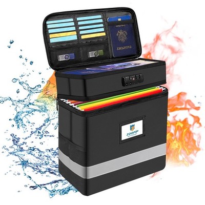 Fireproof File Box Lock 2 Layer Document Organizer Collapsible Black