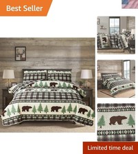 Rustic Lodge Bear Quilt Set - Full/Queen Lightweight Plaid 3 Piece Bedding